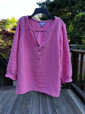 J. Jill Pink & Orange Plaid Button Henley Tunic